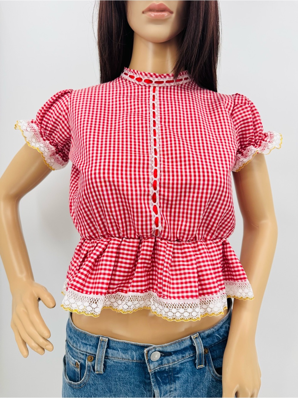 Vintage 70s Cottagecore Prairie Gingham Picnic Patriotic Americana Crop Top